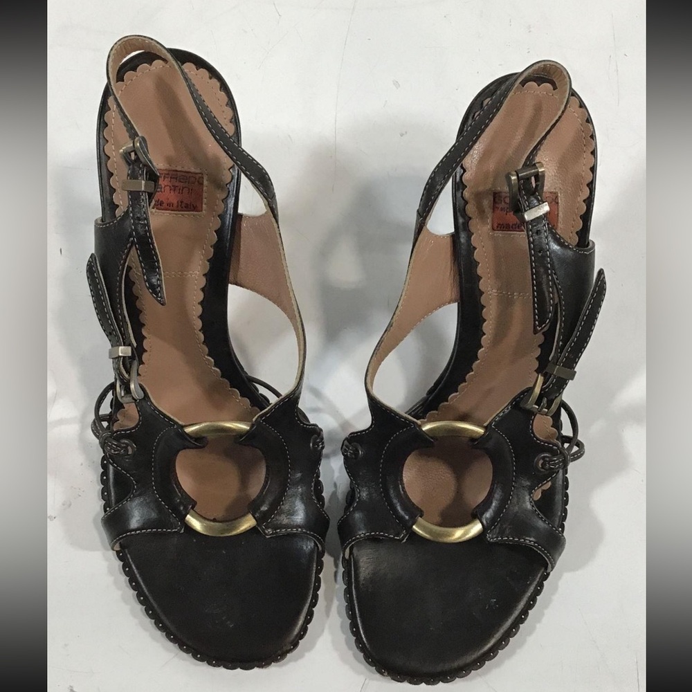 Women’s Goffredo Fantini Black Leather Sandals with Gold Accents Size 37.5